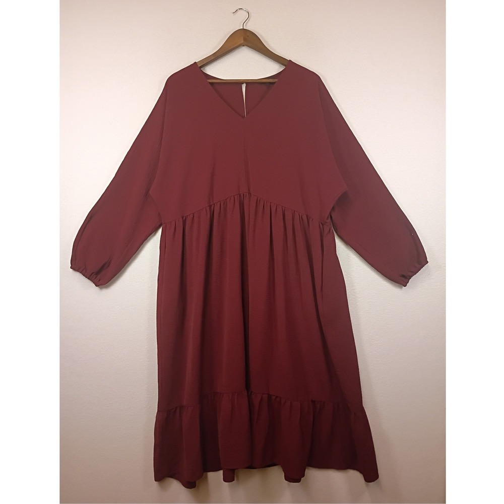 Boho Mittoshop Women M Burgundy Tiered‎ Babydoll V-Neck Long Sleeve Midi Dress